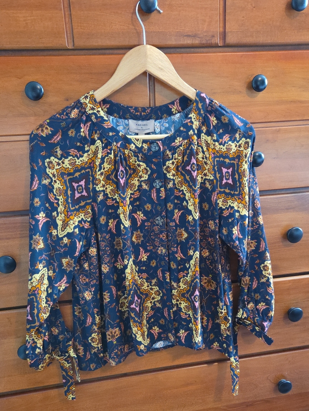 Anthropologie Kachel Navy Floral Paisley Button-Front Blouse